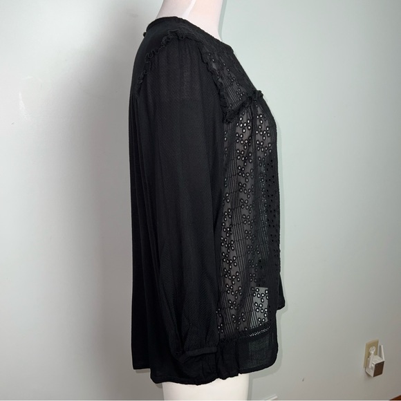 Knox Rose Black Eyelet Lace Blouse Large Boho Peasant Top Sheer Bohemian - Picture 12 of 13